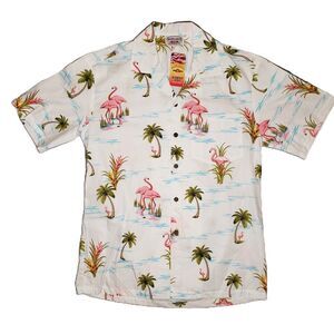 New! Pacific Legend Hawaiian Aloha Shirt Mens‎ Medium White Pink Flamingo Palm